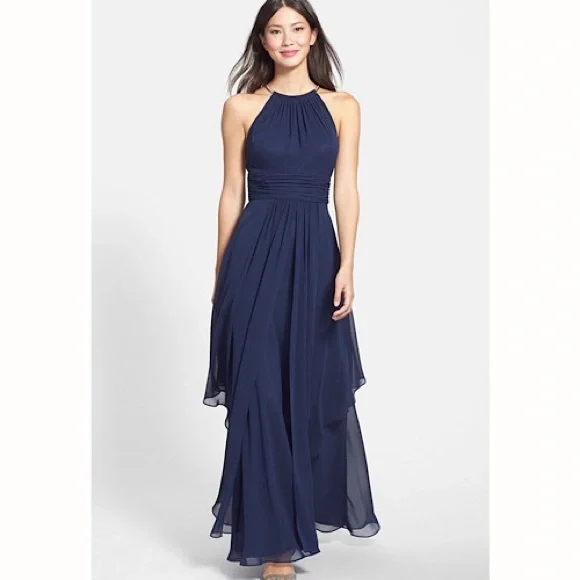 Eliza J Dresses Eliza J Navy Blue Ruffle Chiffon Maxi Dress